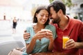 Cheerful young couple on a romantic date in a cafe. Royalty Free Stock Photo