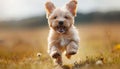 Cheerful young dog running on lush green grass, a playful pet delighting in outdoor playtime
