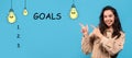 Cheerful young european lady point finger at goals inscription with light bulbs and checklist with free space