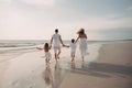 Cheerful young family running on the beach, concept of Familial happiness, created with Generative AI technology