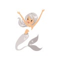 Cheerful young girl with fish tail and shiny gray hair. Mermaid character swimming in underwater world. Marine life