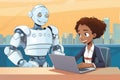 Cheerful young girl and friendly looking robot working together at computer.