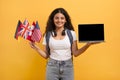 Cheerful young indian woman student with many different flags, laptop