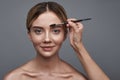 Young lady smiling and having brush near her eyebrow Royalty Free Stock Photo