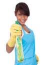 Cheerful young lady spraying cleaner liquid