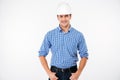 Cheerful young man building engineer in hard hat