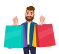 Cheerful young man holding shopping bags. Male character carrying colourful bags. Modern lifestyle, digital technology.