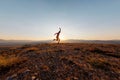 cheerful young man jumps and rejoices against the backdrop of mountains. long awaited vacation. Active tourist enjoying travel in Royalty Free Stock Photo