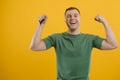 Cheerful young man posing isolated on yellowA handsome man holds the keys to a new car. The concept of buying a new car. Victory