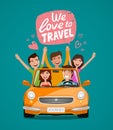 Cheerful young people or happy friends traveling by car. Journey, travel, vacation concept. Cartoon vector illustration