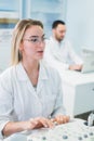 Cheerful young researchers are working in lab Royalty Free Stock Photo