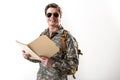 Pleased military guy standing with document case Royalty Free Stock Photo