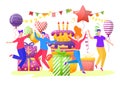 Cheerful young teenager people character together celebrate birthday party, birth cake with balloon flat vector