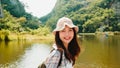 Korean teen girl enjoy her holidays adventure feeling happy freedom.