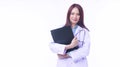 Cheerful young woman doctor in uniform with stethoscope holding clipboard isolated on white background. Smile female medical Royalty Free Stock Photo