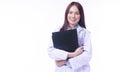 Cheerful young woman doctor in uniform with stethoscope holding clipboard isolated on white background. Smile female medical Royalty Free Stock Photo