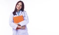 Cheerful young woman doctor in uniform with stethoscope holding clipboard isolated on white background. Smile female medical Royalty Free Stock Photo