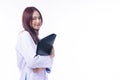 Cheerful young woman doctor in uniform with stethoscope holding clipboard isolated on white background. Smile female medical Royalty Free Stock Photo