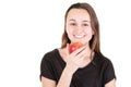 Cheerful young woman eating red apple on white background Royalty Free Stock Photo