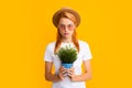 Cheerful young woman holding pot plant. Isolated yellow background, close up portrait. Plant care amd home gardening Royalty Free Stock Photo