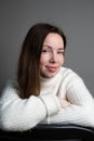 Cheerful young woman looking at camera, smiling, laughing. Close up of face. Natural beauty Royalty Free Stock Photo