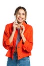 cheerful young woman in orange shirt Royalty Free Stock Photo