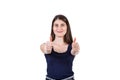 Cheerful young woman with pretty smile looking confident to camera, keeps her arms folded isolated on white background with copy Royalty Free Stock Photo