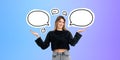 Cheerful young woman showing speech bubbles Royalty Free Stock Photo