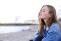 Portrait of cheerful girl who poses on camera and cute laughs si Royalty Free Stock Photo