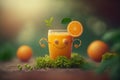 Cheerfull glass of Orange juice character smiling background. Freshy Orange juice. Created Generative ai