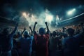 Cheering crowd at a live music concert in front of the stage, Rear view of cheering football fans in stadium, AI Generated Royalty Free Stock Photo