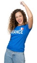 Cheering female football fan from France with blue jersey Royalty Free Stock Photo