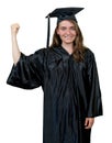 Cheering female graduate student with academic dress and cap