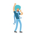 Cheering football fan character in blue wig celebrating the victory of his team vector Illustration