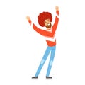 Cheering football fan character in red wig celebrating the victory of his team vector Illustration