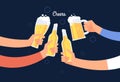 Cheering hands. Cheerful people clinking beer bottle and glasses. Happy drinking holiday vector background Royalty Free Stock Photo