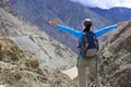 Cheering hiking woman enjoy the beautiful view at mountain peak Royalty Free Stock Photo