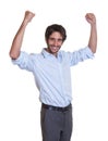 Cheering latin guy with beard looking at camera Royalty Free Stock Photo