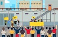 Cheering protesting crowd holding banners flat vector illustration