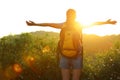 Cheering woman hiker raised arms mountain top Royalty Free Stock Photo