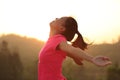 Cheering woman hiker raised arms mountain top Royalty Free Stock Photo