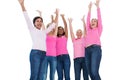 Cheering women wearing breast cancer ribbons Royalty Free Stock Photo