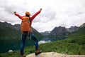 Young backpacking woman hiking in mountains