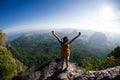 Woman with backpacker enjoy the view on mountain top Royalty Free Stock Photo