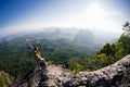 Woman with backpacker enjoy the view on mountain top Royalty Free Stock Photo