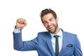 Cheerlead yourself to success. Studio shot of a happy businessman celebrating success against a white background.