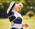 Cheerleader, fitness injury and woman neck pain from sport, training and cheer exercise on a grass field. Health