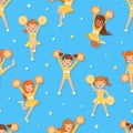 Cheerleader Girl Dancing with Pom Poms Seamless Pattern, Happy Funs Girls in Uniform Can Be Used for Fabric, Wallpaper Royalty Free Stock Photo