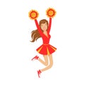 Cheerleader girl jumping with red and yellow pompoms. Colorful cartoon character vector Illustration Royalty Free Stock Photo