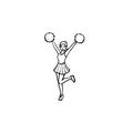 Cheerleader girl with pompoms hand drawn outline doodle icon.